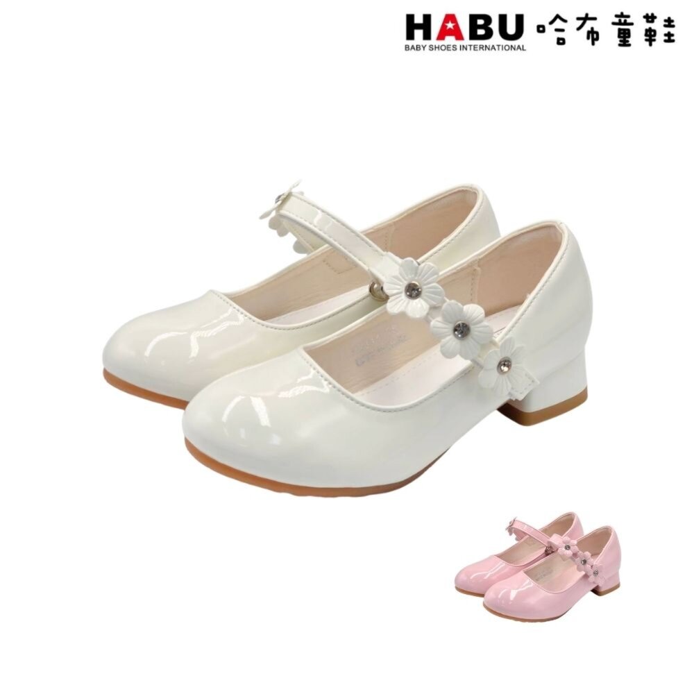 2314-WH-HABU哈布童鞋 公主鞋 娃娃鞋 跟鞋 亮面 亮鑽 花朵 低跟鞋 花童鞋 舞會鞋 2314-WH