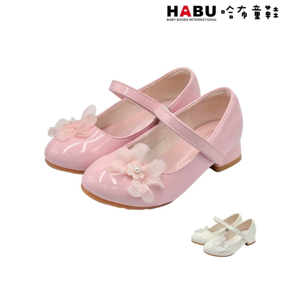 2315-PI-HABU哈布童鞋 公主鞋 娃娃鞋 跟鞋 亮面 珍珠 花朵 低跟鞋 花童鞋 舞會鞋 2315-PI