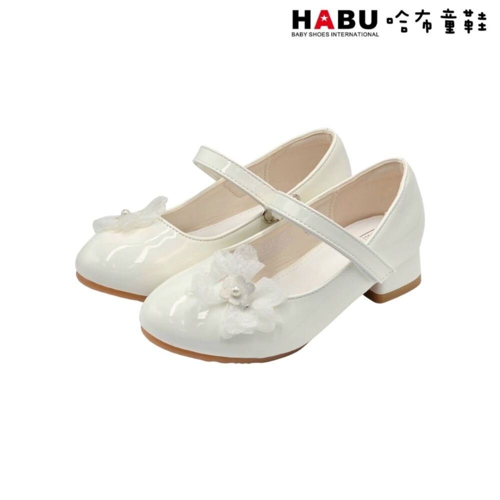 HABU哈布童鞋 公主鞋 娃娃鞋 跟鞋 亮面 珍珠 花朵 低跟鞋 花童鞋 舞會鞋 2315-WH-圖片-1