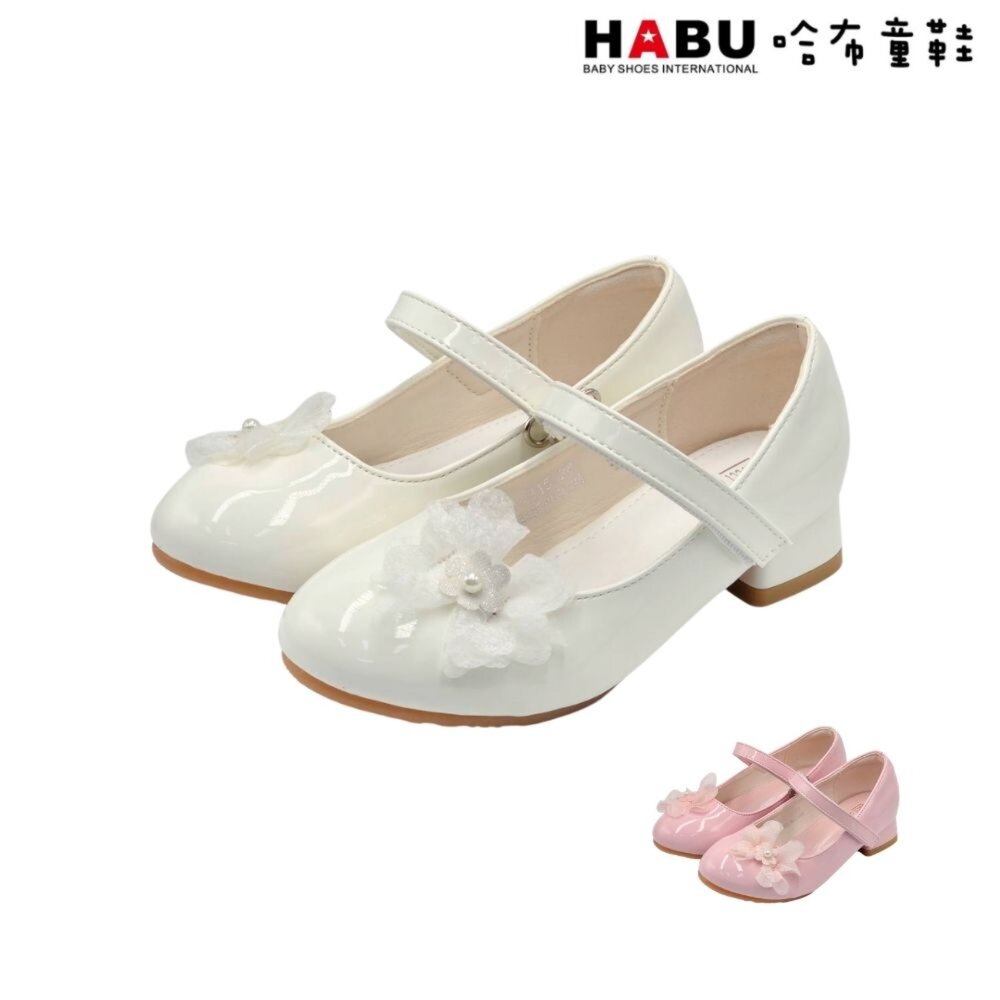 2315-WH-HABU哈布童鞋 公主鞋 娃娃鞋 跟鞋 亮面 珍珠 花朵 低跟鞋 花童鞋 舞會鞋 2315-WH