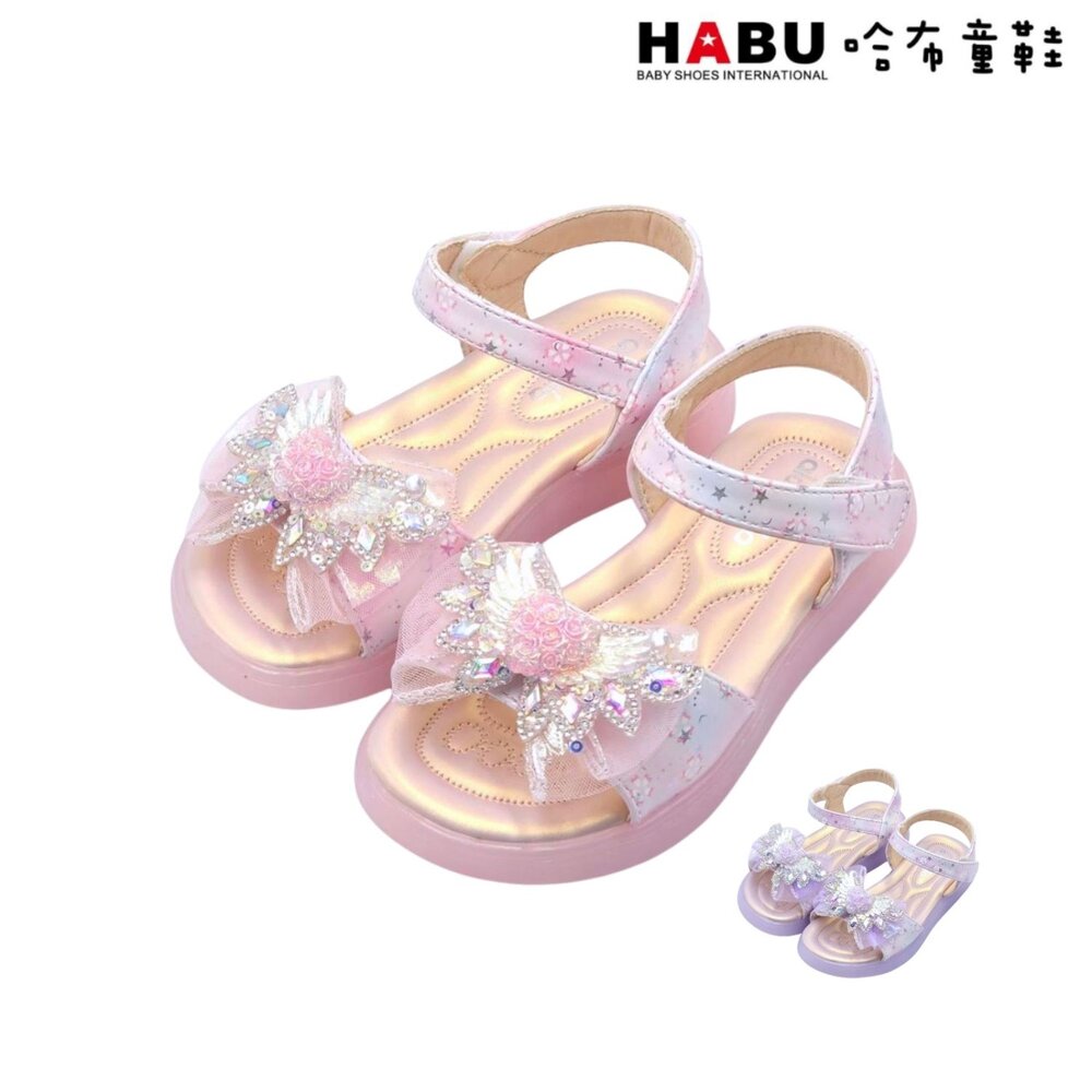 2320-PI-HABU哈布童鞋 涼鞋 心之羽翼 燈鞋 涼拖鞋 厚底 果凍膠底 華麗鑽石 魔鬼氈 夏季涼鞋 2320-PI