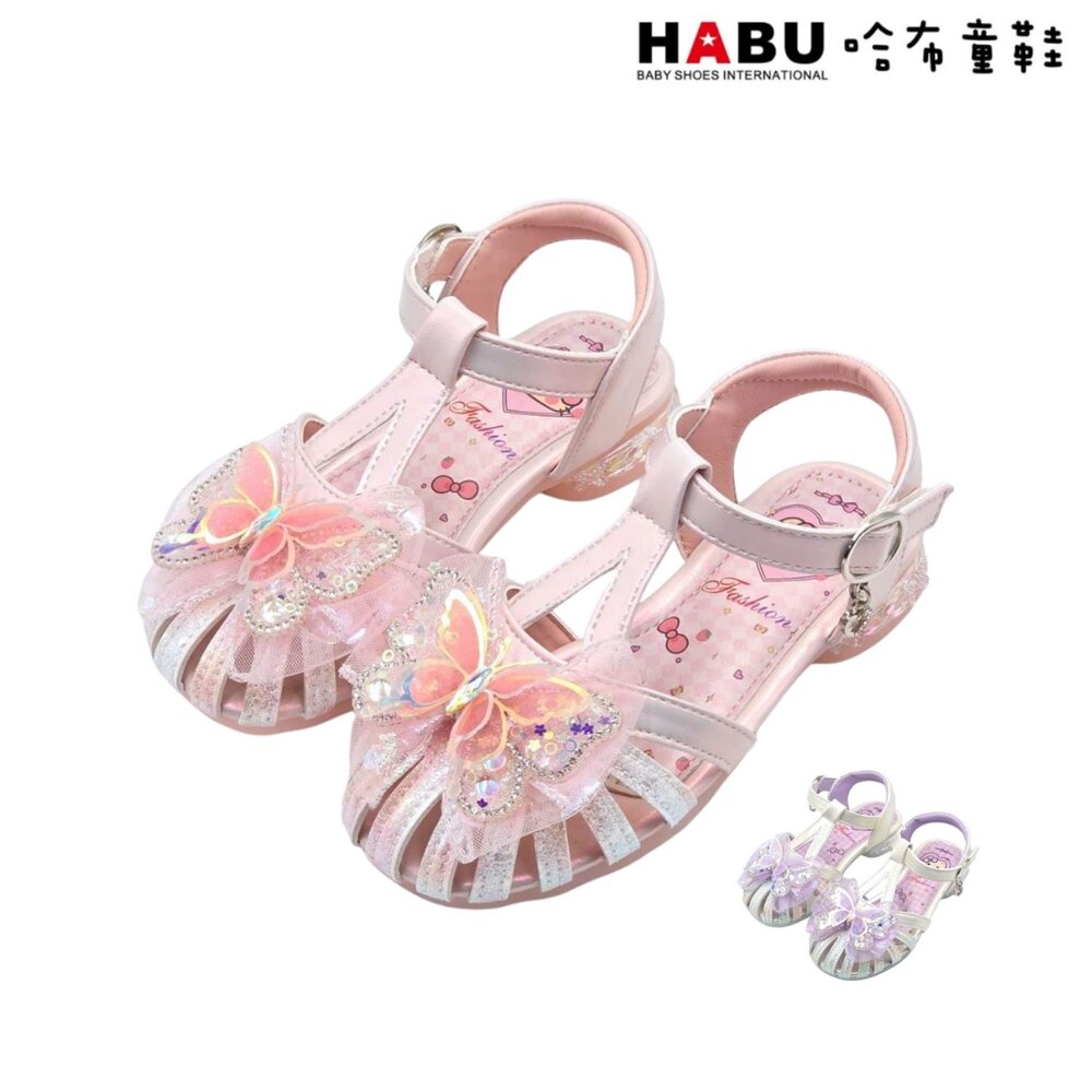 2321-PI-HABU哈布童鞋 涼鞋 羅馬鞋 炫彩蝴蝶 燈鞋 包趾涼鞋 涼拖鞋 低跟涼鞋 果凍膠底 愛心吊墜 2321-PI