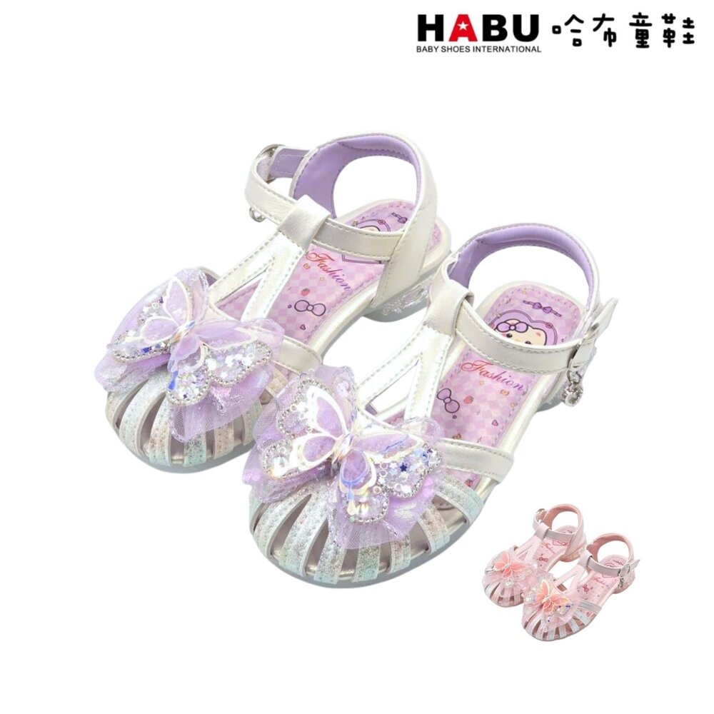 2321-PR-HABU哈布童鞋 涼鞋 羅馬鞋 炫彩蝴蝶 燈鞋 包趾涼鞋 涼拖鞋 低跟涼鞋 果凍膠底 愛心吊墜 2321-PR