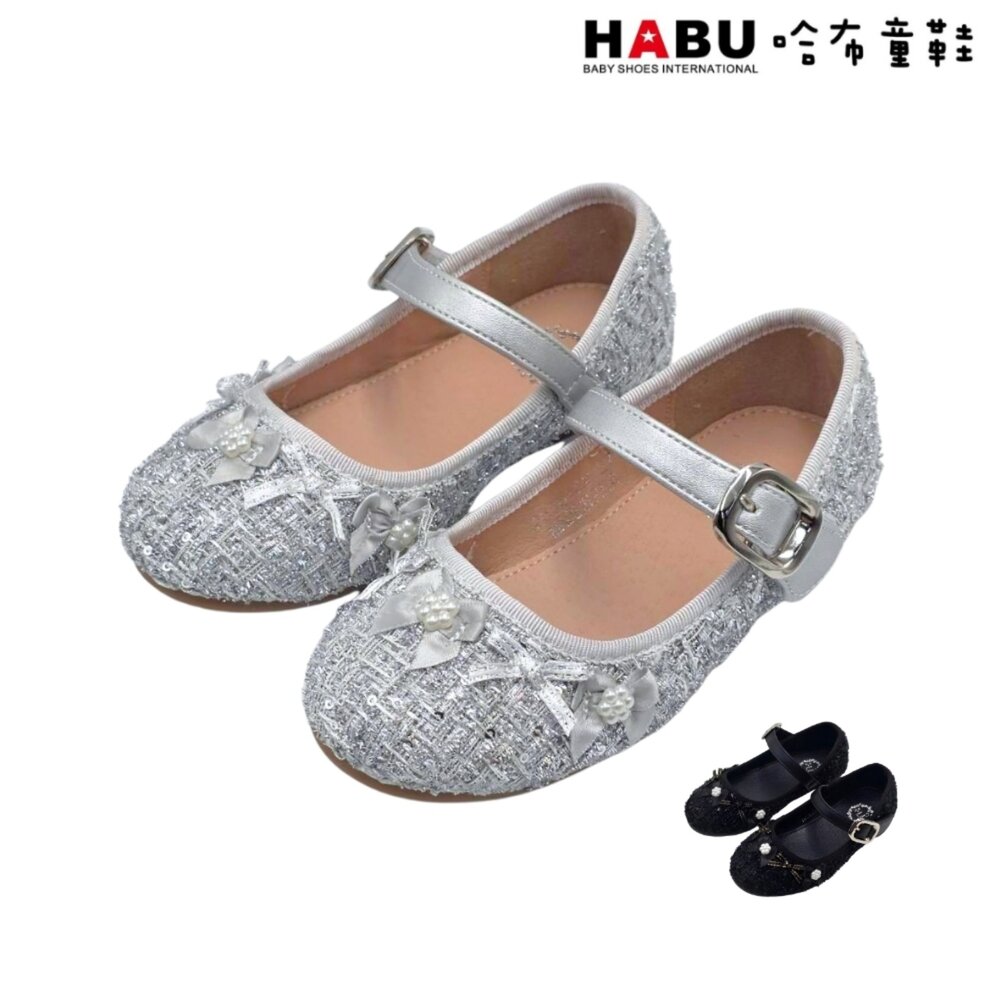 2336-SV-HABU哈布童鞋 公主鞋 娃娃鞋 珍珠花 小香風 毛呢娃娃鞋 平底鞋 花童鞋 舞會鞋 2336-SV｜哈布童鞋