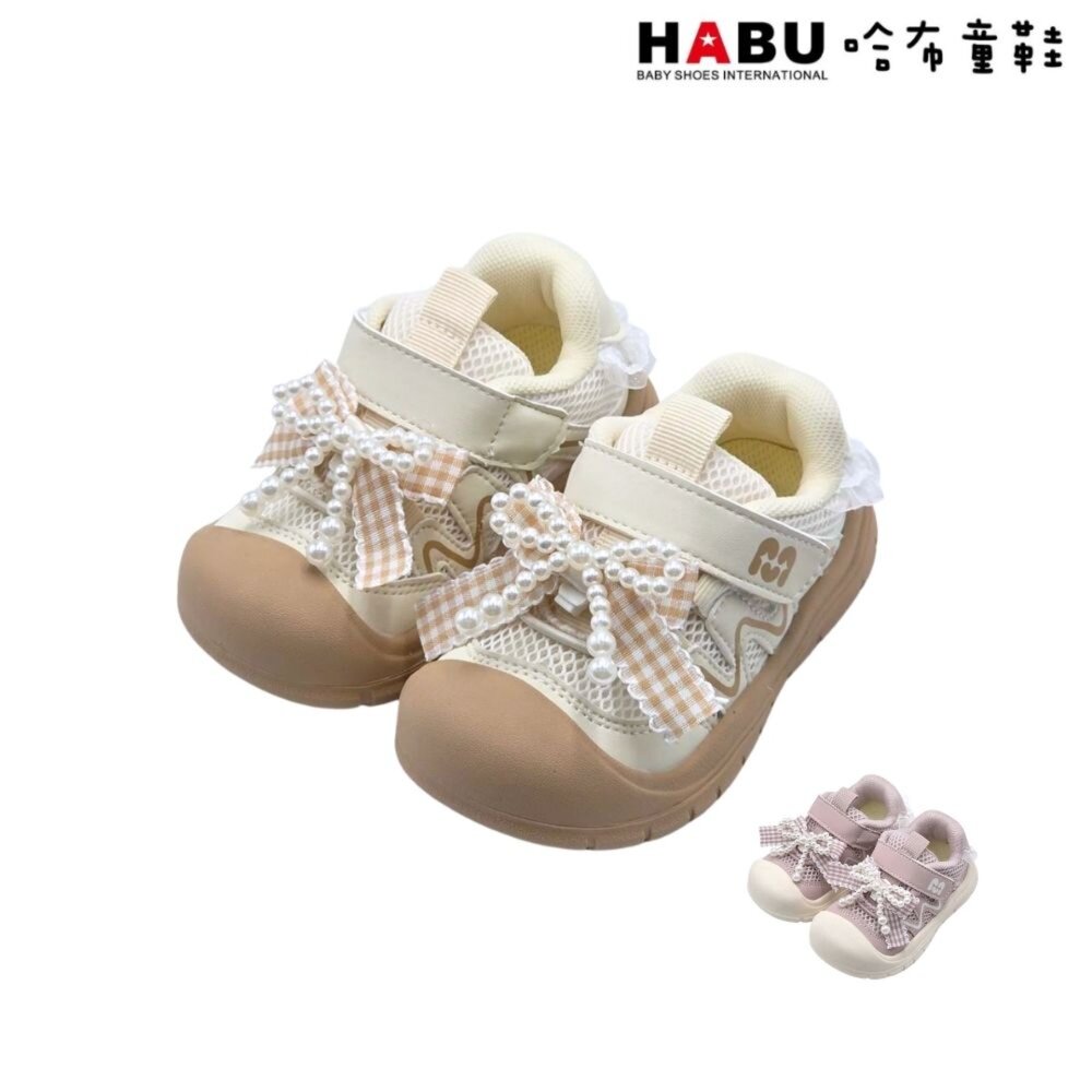 3359-BE-HABU 哈布童鞋 童鞋 包頭 珍珠 蝴蝶結 簍空網面 學步鞋 運動鞋 休閒鞋 魔鬼氈 蕾絲 3359-BE
