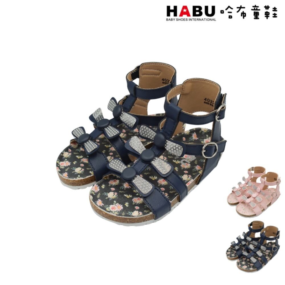 4032-BL-HABU哈布童鞋 學步鞋 嬰幼童 魔鬼氈 羅馬鞋 涼鞋 蝴蝶結 藍 4032-BL
