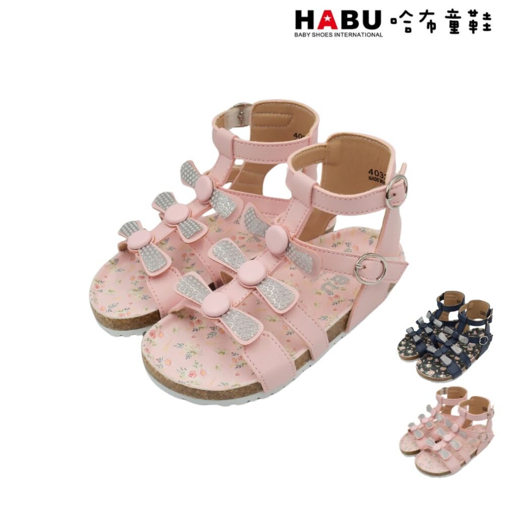 4032-PI-HABU哈布童鞋 學步鞋 嬰幼童 魔鬼氈 羅馬鞋 涼鞋 蝴蝶結 粉 4032-PI