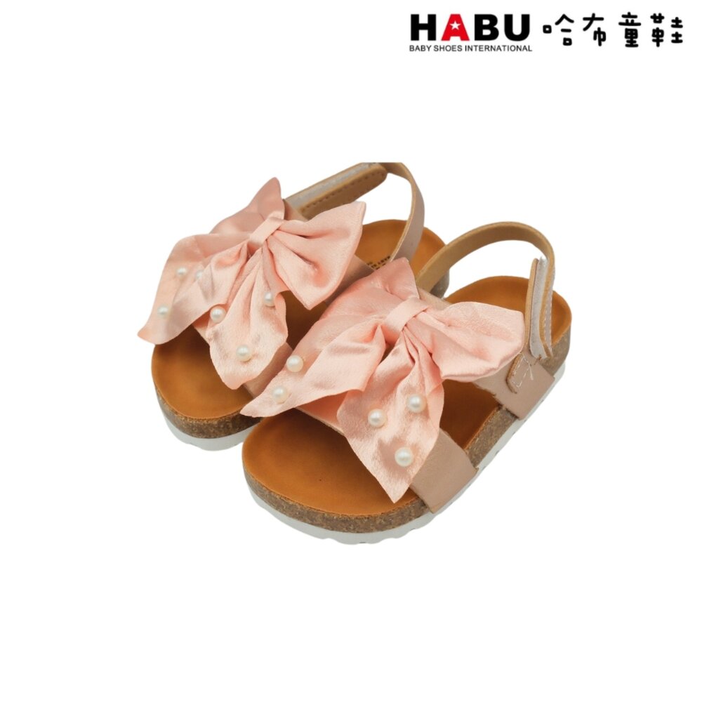 4034-GD-HABU哈布童鞋 夏日涼感 蝴蝶結珍珠 魔鬼氈 涼鞋 小童 中童4034-GD