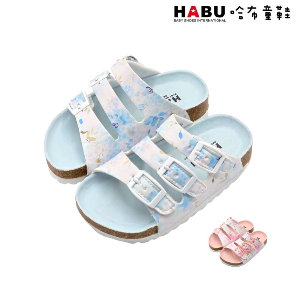 4040-BL-HABU哈布童鞋 童鞋 拖鞋 涼鞋 涼拖鞋 魔鬼氈 花漾鞋面 細緻上光 戶外休閒 軟木 4040-BL