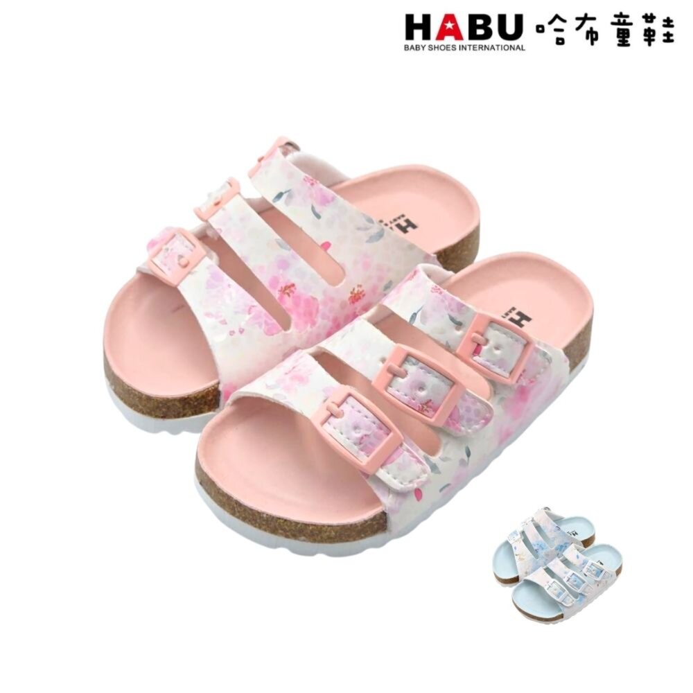 4040-PI-HABU哈布童鞋 童鞋 拖鞋 涼鞋 涼拖鞋 魔鬼氈 花漾鞋面 細緻上光 戶外休閒 軟木 4040-PI