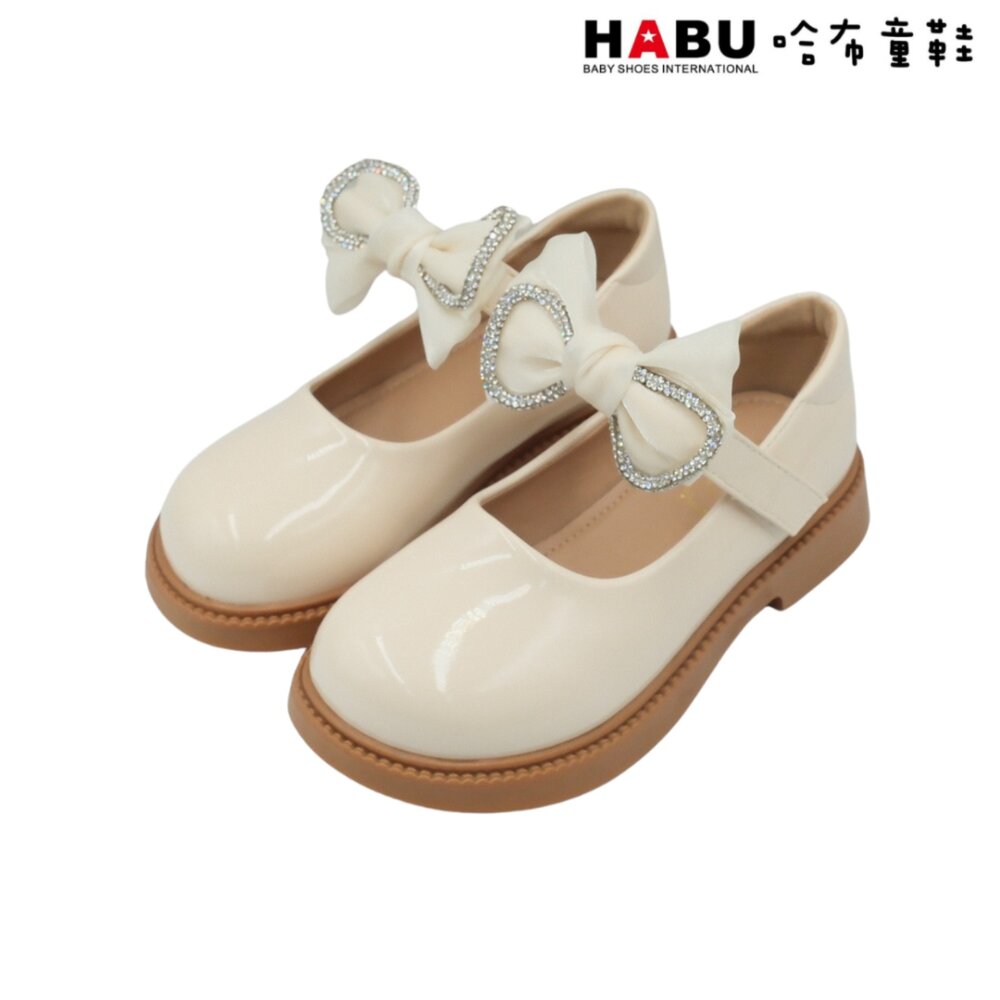 5058-BE-HABU 哈布童鞋 閃亮蝴蝶結 瑪莉珍 學生皮鞋 漆皮 樂福鞋 包鞋 米 白 5058-BE