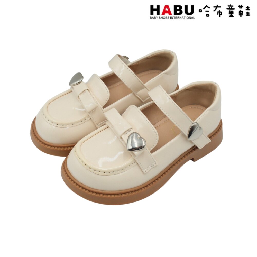 5059-BE-HABU 哈布童鞋 瑪莉珍 學生皮鞋 漆皮 樂福鞋 包鞋 愛心扣環 米 白 5059-BE/5059-BE6