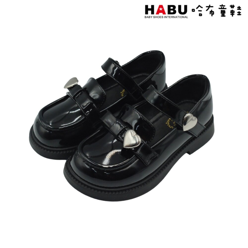 5059-BK-HABU 哈布童鞋 瑪莉珍 學生皮鞋 漆皮 樂福鞋 包鞋 愛心扣環 黑 5059-BK / 5059-BK6
