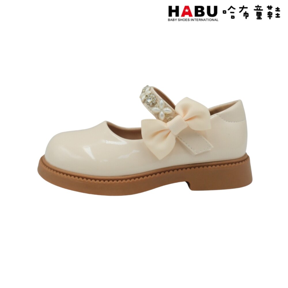 HABU 哈布童鞋 閃亮寶石 瑪莉珍 學生皮鞋 漆皮 蝴蝶結 樂福鞋 包鞋 米白 5062-BE-圖片-1