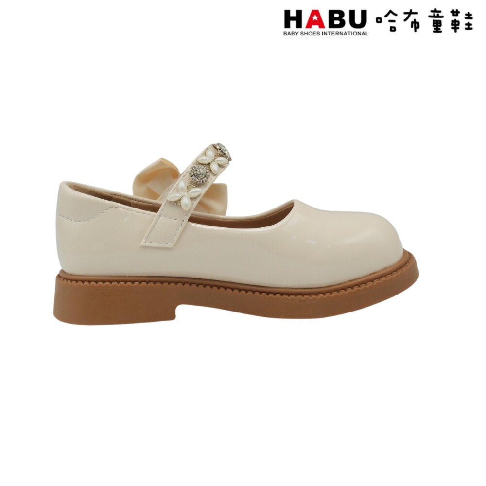 HABU 哈布童鞋 閃亮寶石 瑪莉珍 學生皮鞋 漆皮 蝴蝶結 樂福鞋 包鞋 米白 5062-BE-圖片-2