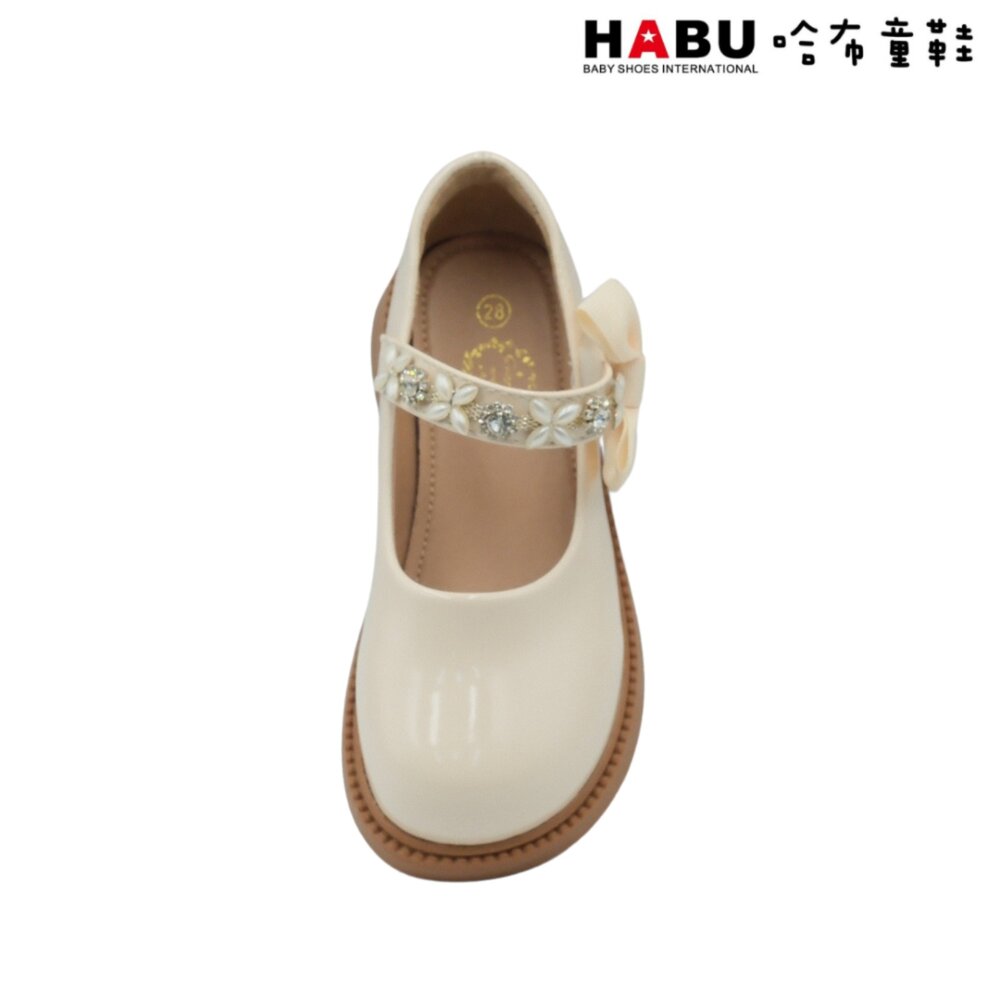 HABU 哈布童鞋 閃亮寶石 瑪莉珍 學生皮鞋 漆皮 蝴蝶結 樂福鞋 包鞋 米白 5062-BE-圖片-4