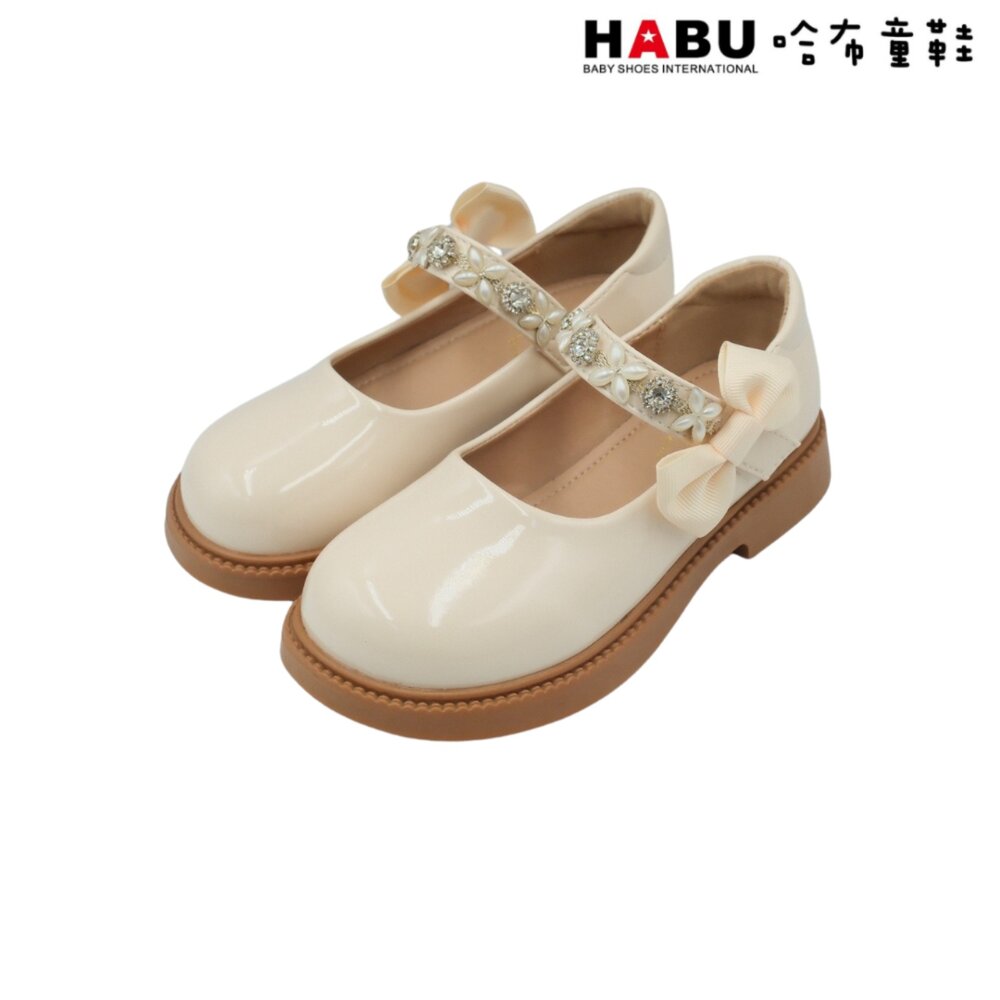 5062-BE-HABU 哈布童鞋 閃亮寶石 瑪莉珍 學生皮鞋 漆皮  蝴蝶結 樂福鞋 包鞋 米白 5062-BE