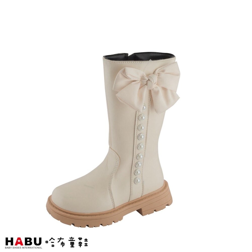 7017-WH-HABU哈布童鞋 珍珠蝴蝶結 兒童長靴 米白色 7017-WH