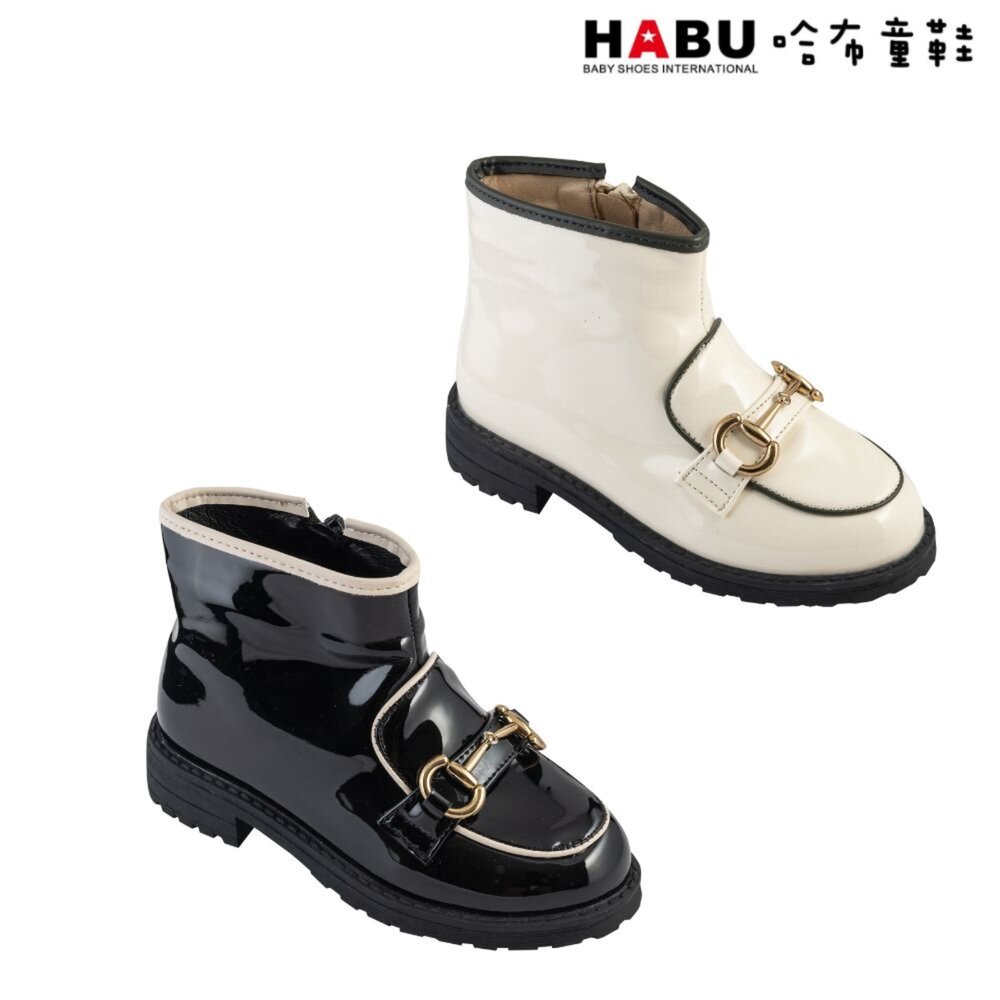 7025-HABU哈布童鞋 時髦竹節 雙扣環 漆皮短靴 7025-WH/7025-BK