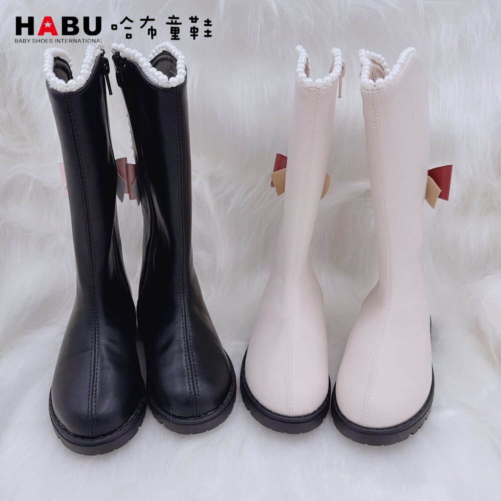 HABU哈布童鞋 小奢華珍珠蝴蝶結 兒童長靴 黑色/米色 7026-BK/ 7026-BE-圖片-2