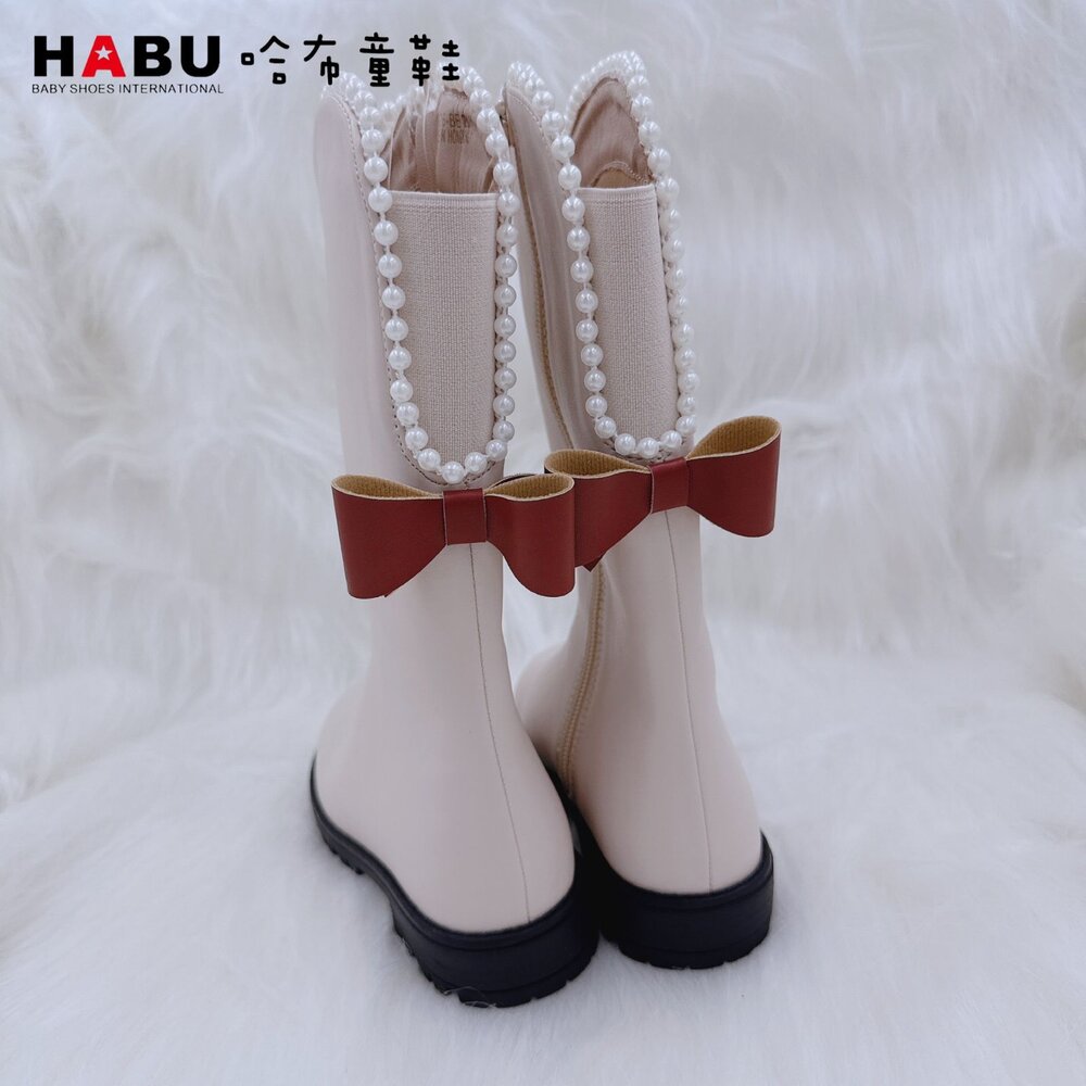 HABU哈布童鞋 小奢華珍珠蝴蝶結 兒童長靴 黑色/米色 7026-BK/ 7026-BE-圖片-4