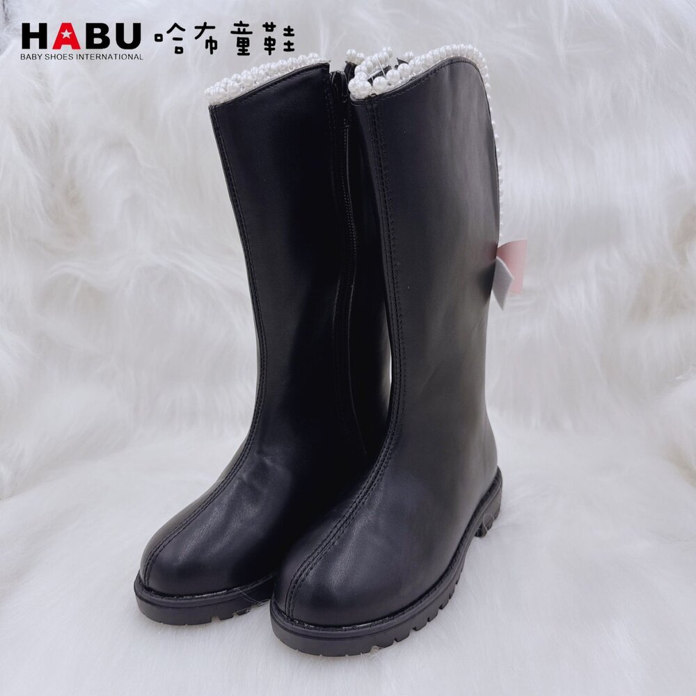 HABU哈布童鞋 小奢華珍珠蝴蝶結 兒童長靴 黑色/米色 7026-BK/ 7026-BE-圖片-5