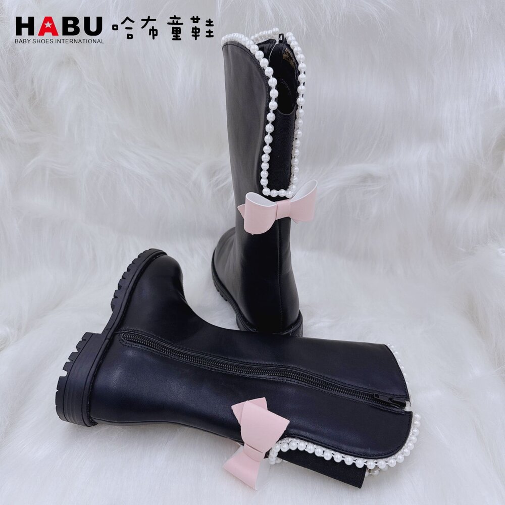 HABU哈布童鞋 小奢華珍珠蝴蝶結 兒童長靴 黑色/米色 7026-BK/ 7026-BE-圖片-6