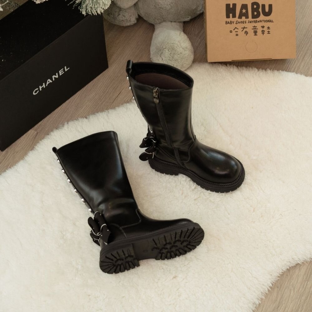 HABU哈布童鞋 兒童長靴 長靴 高質感 蝴蝶結 愛心排扣 靴子 皮靴 童鞋 黑 7035-BK-圖片-5