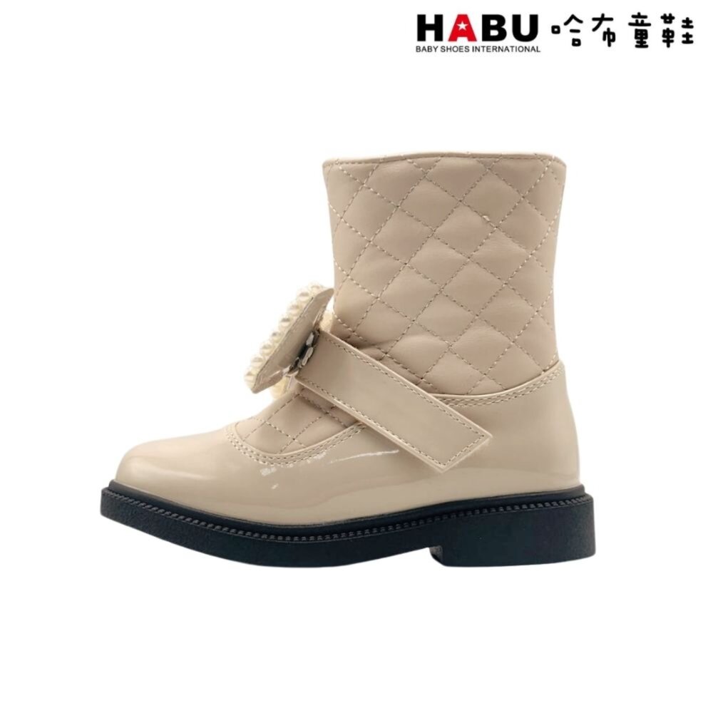HABU 哈布童鞋 童靴 短靴 珍珠蝴蝶結 菱格紋 皮革 漆皮 拼接 厚底 米色 7038-BE-圖片-1