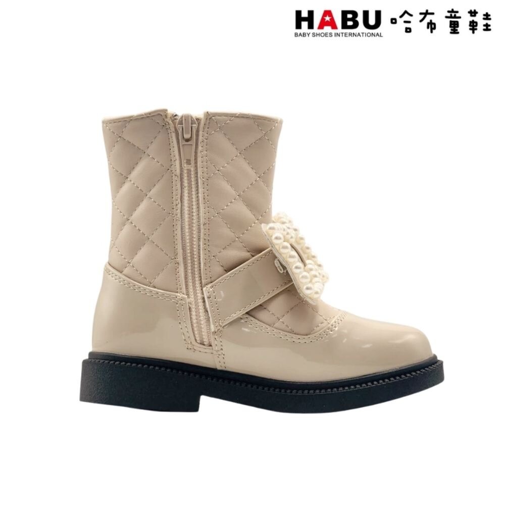 HABU 哈布童鞋 童靴 短靴 珍珠蝴蝶結 菱格紋 皮革 漆皮 拼接 厚底 米色 7038-BE-圖片-2