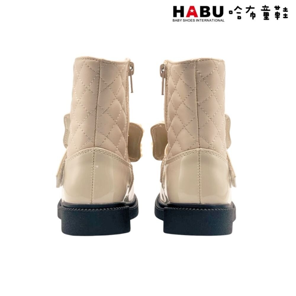HABU 哈布童鞋 童靴 短靴 珍珠蝴蝶結 菱格紋 皮革 漆皮 拼接 厚底 米色 7038-BE-圖片-3