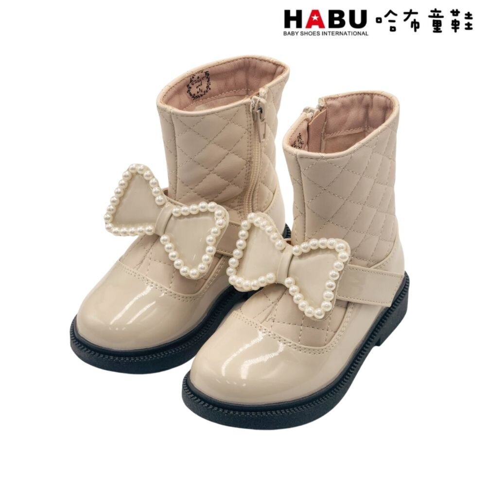 7038-BE-HABU 哈布童鞋 童靴 短靴 珍珠蝴蝶結 菱格紋 皮革 漆皮 拼接 厚底 米色 7038-BE