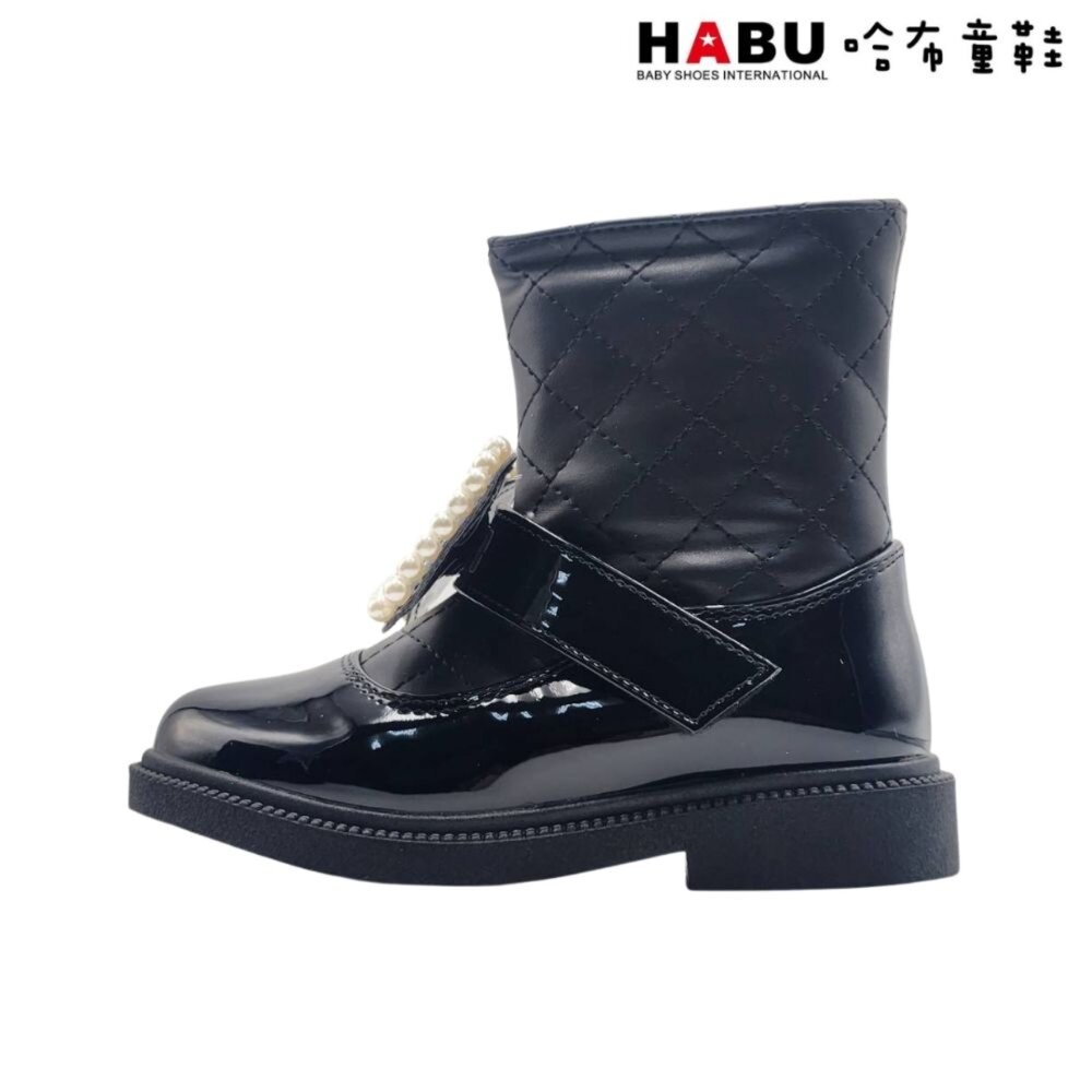 HABU 哈布童鞋 童靴 短靴 珍珠蝴蝶結 菱格紋 皮革 漆皮 拼接 厚底 黑 7038-BK-圖片-1