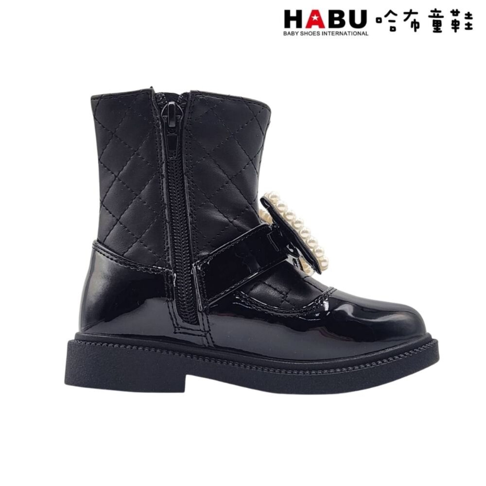 HABU 哈布童鞋 童靴 短靴 珍珠蝴蝶結 菱格紋 皮革 漆皮 拼接 厚底 黑 7038-BK-圖片-2