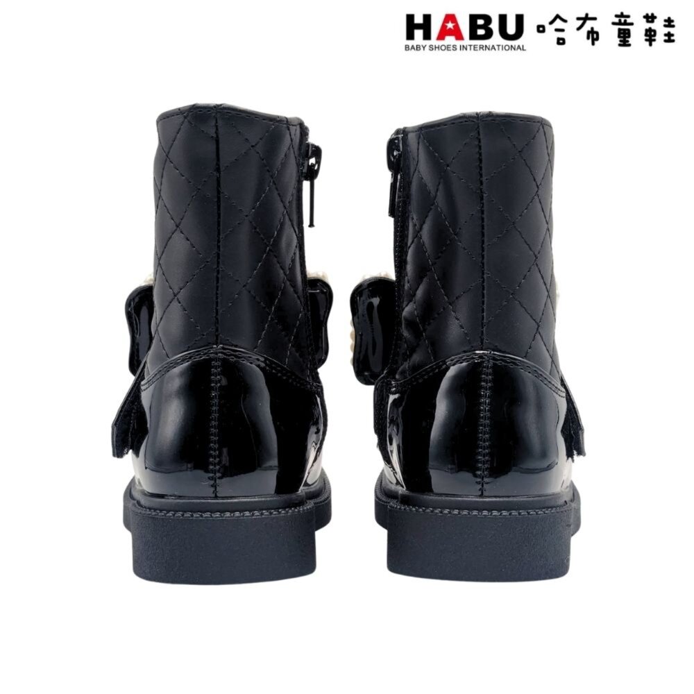HABU 哈布童鞋 童靴 短靴 珍珠蝴蝶結 菱格紋 皮革 漆皮 拼接 厚底 黑 7038-BK-圖片-3