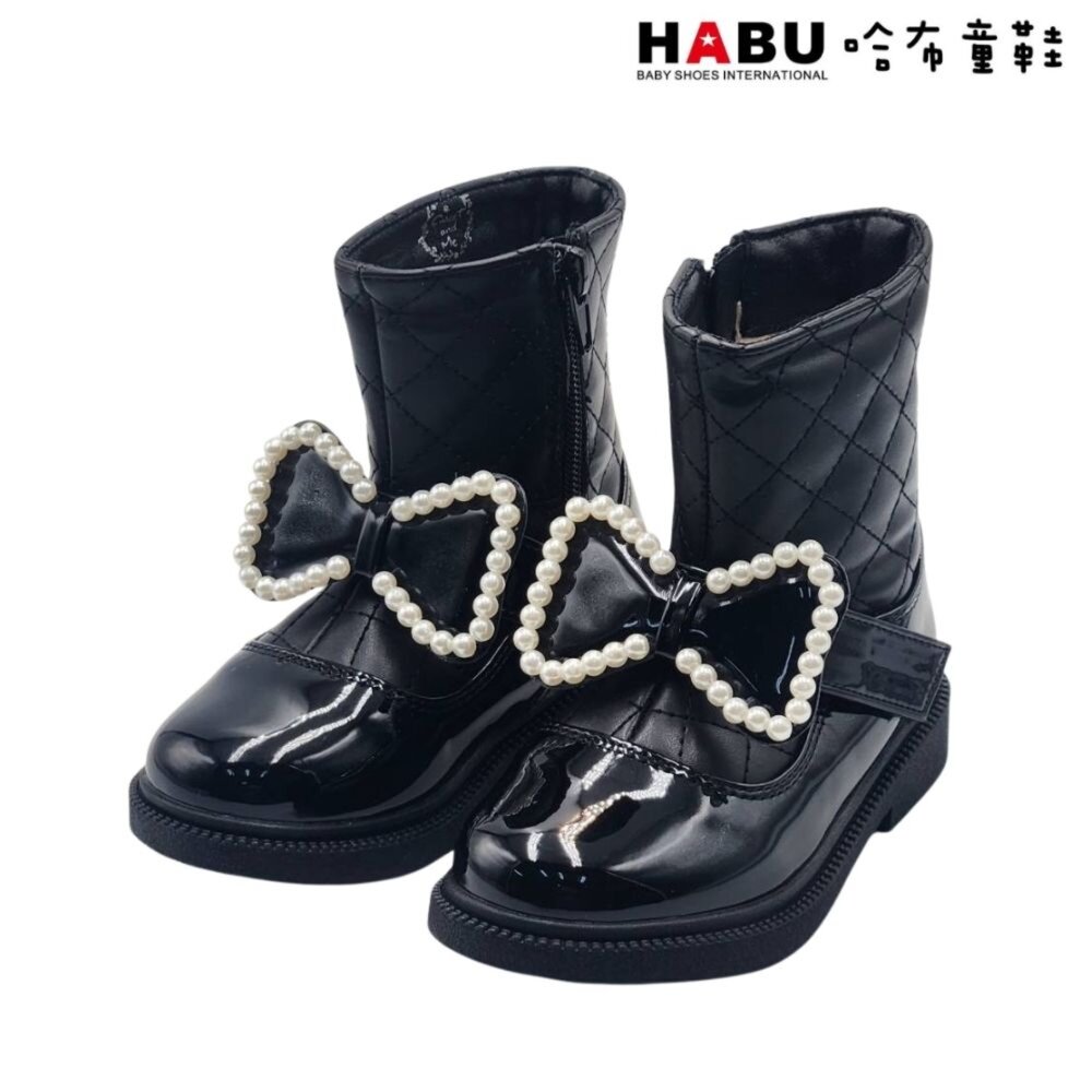 7038-BK-HABU 哈布童鞋 童靴 短靴 珍珠蝴蝶結 菱格紋 皮革 漆皮 拼接 厚底 黑 7038-BK