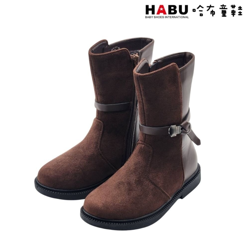 7043-CF-HABU 哈布童鞋 童靴 長靴 復古 皮革 麂皮 拼接 厚底 中長靴 咖啡棕 7043-CF