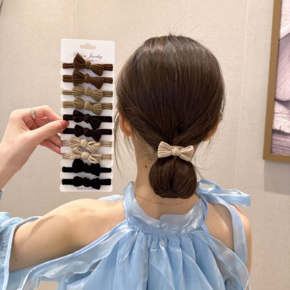 240927205238-簡約氣質蝴蝶結髮圈 髮圈 髮繩 奶咖色小熊標無縫髮圈 10入組