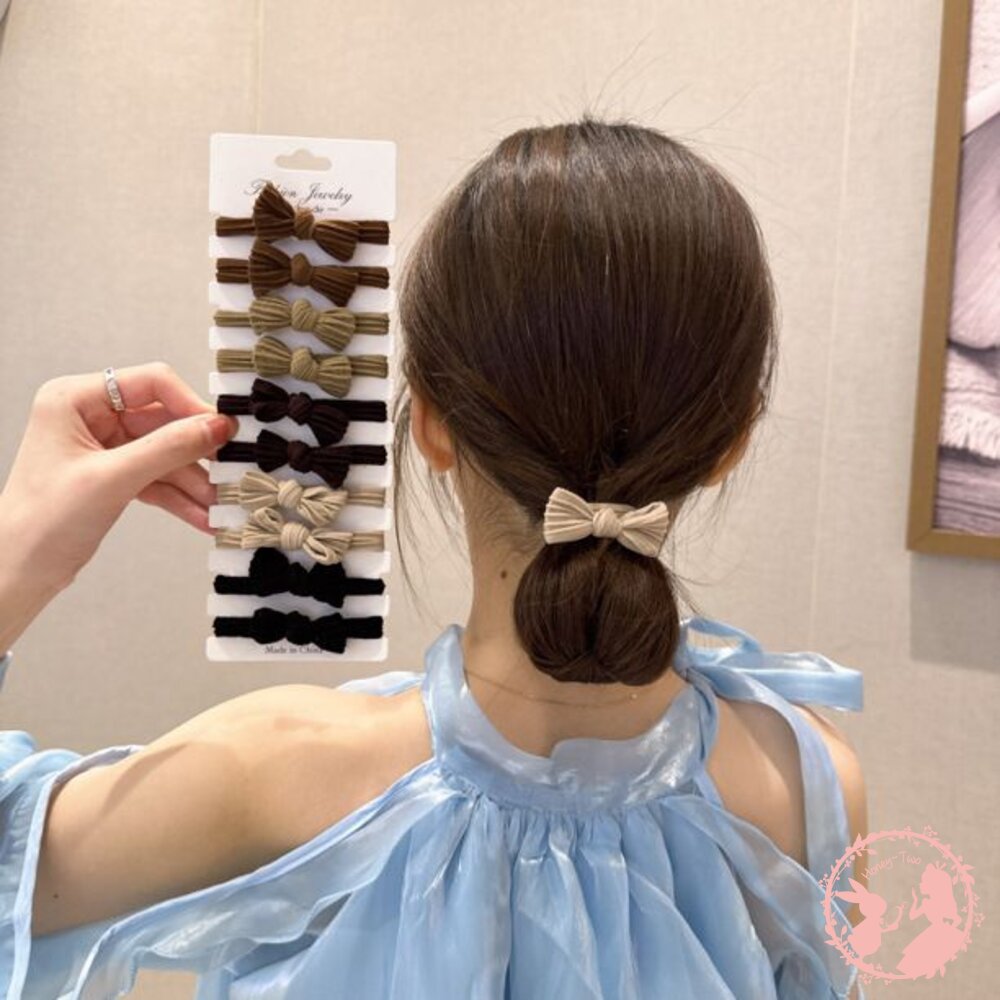 簡約氣質蝴蝶結髮圈 髮圈 髮繩 奶咖色小熊標無縫髮圈 10入組 封面照片