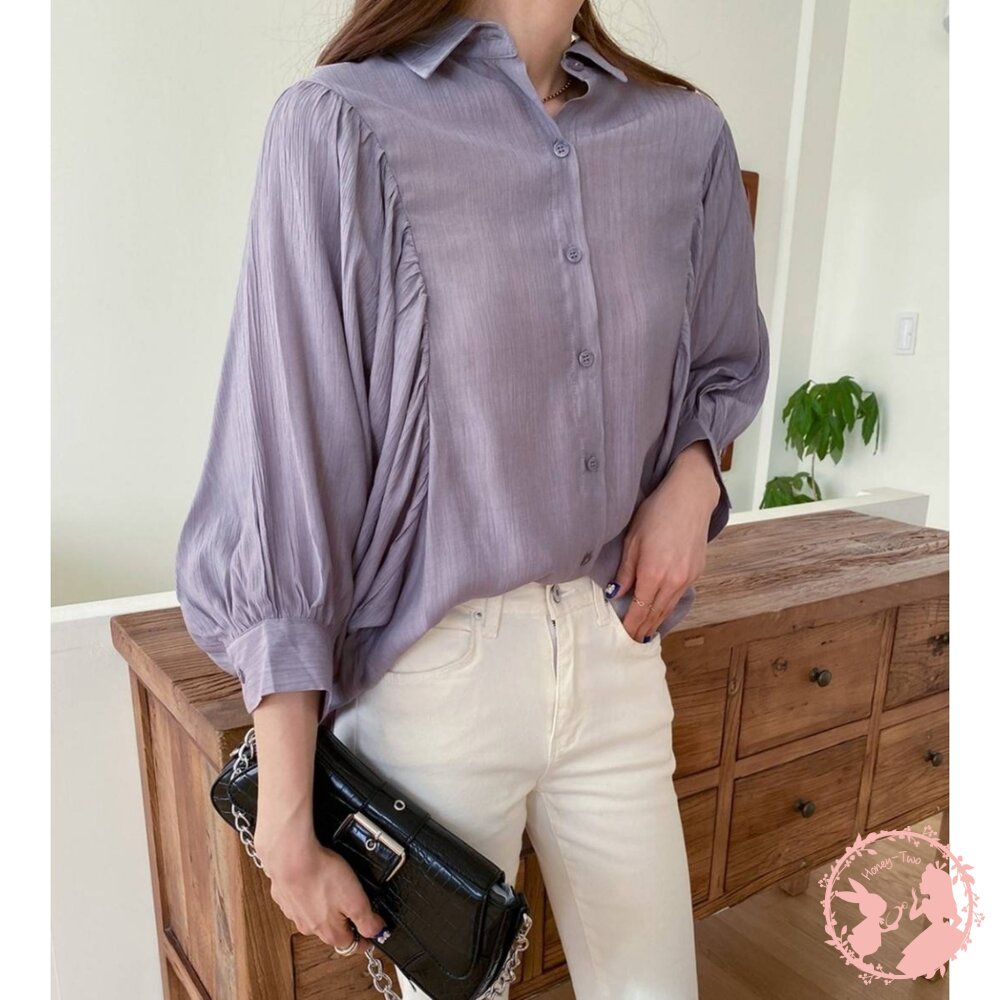 韓國新品 設計感修身燈籠袖襯衫-圖片-2