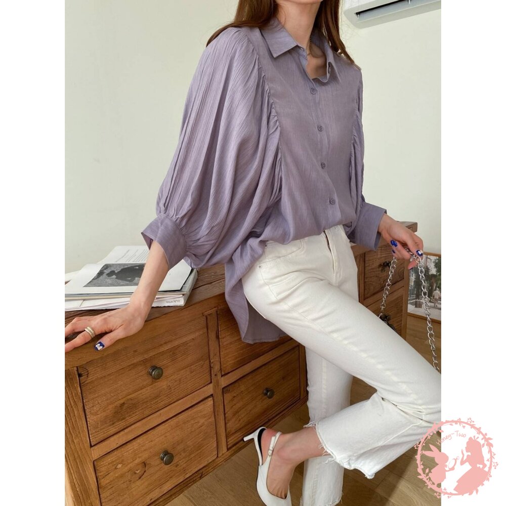 韓國新品 設計感修身燈籠袖襯衫-圖片-3