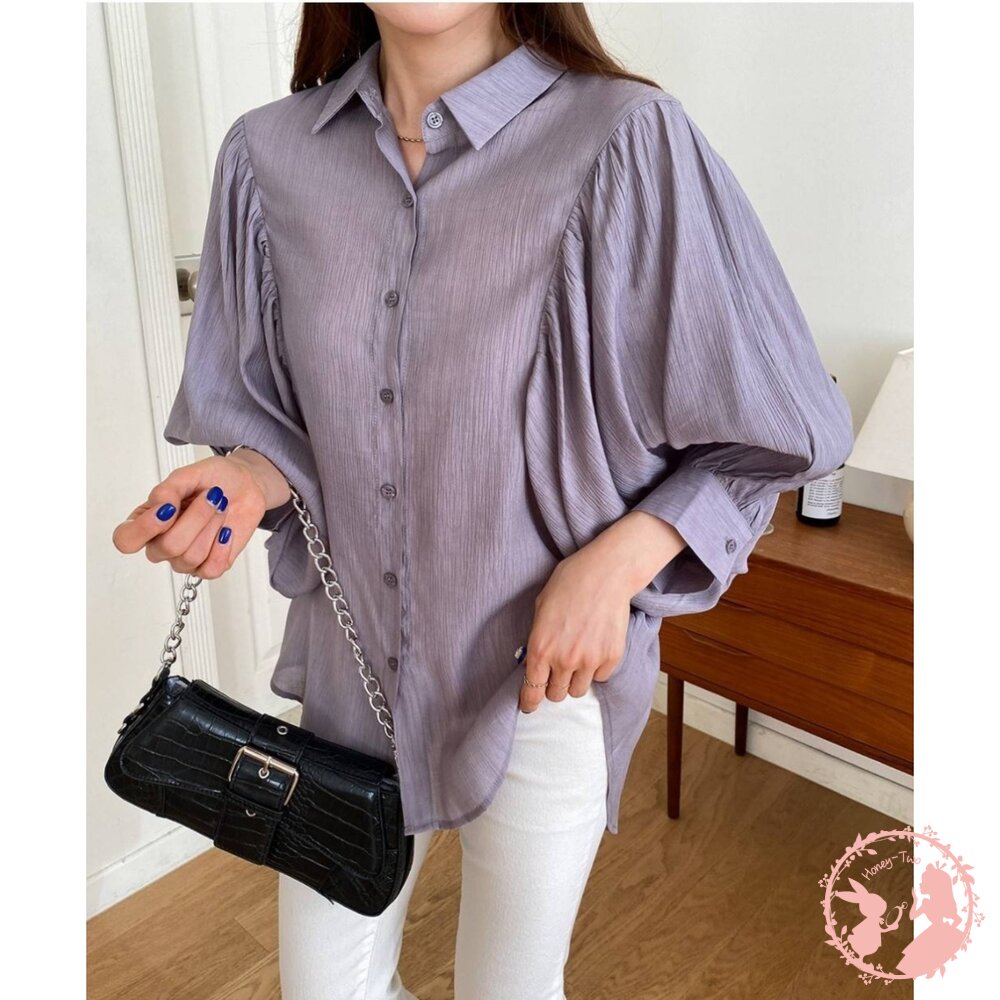 韓國新品 設計感修身燈籠袖襯衫-圖片-4