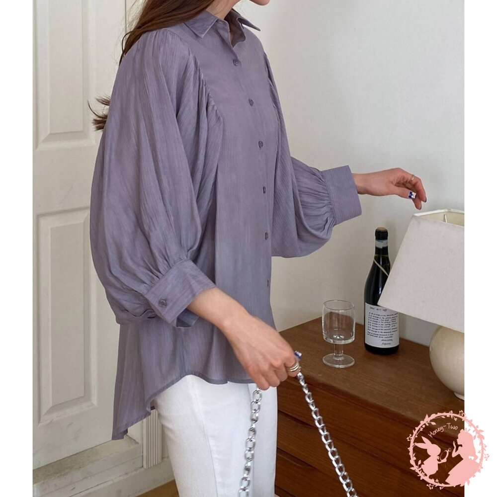 韓國新品 設計感修身燈籠袖襯衫-圖片-5