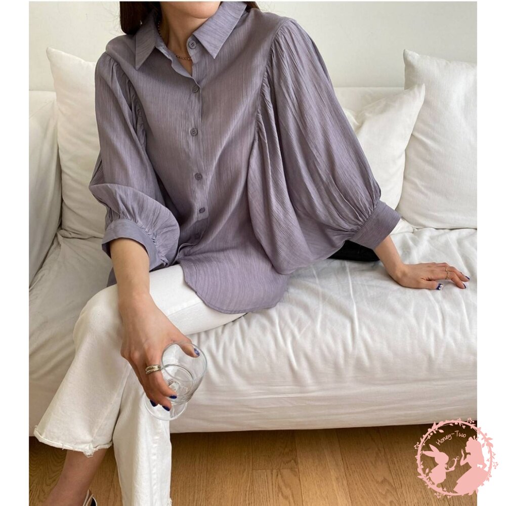 韓國新品 設計感修身燈籠袖襯衫-圖片-7