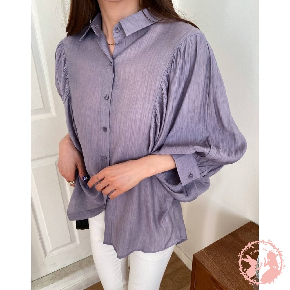 韓國新品 設計感修身燈籠袖襯衫-圖片-9