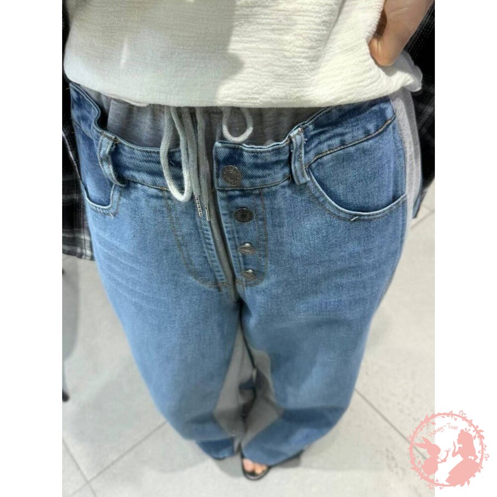 韓國新品 美式撞色拼接休閒牛仔寬鬆長褲-圖片-2