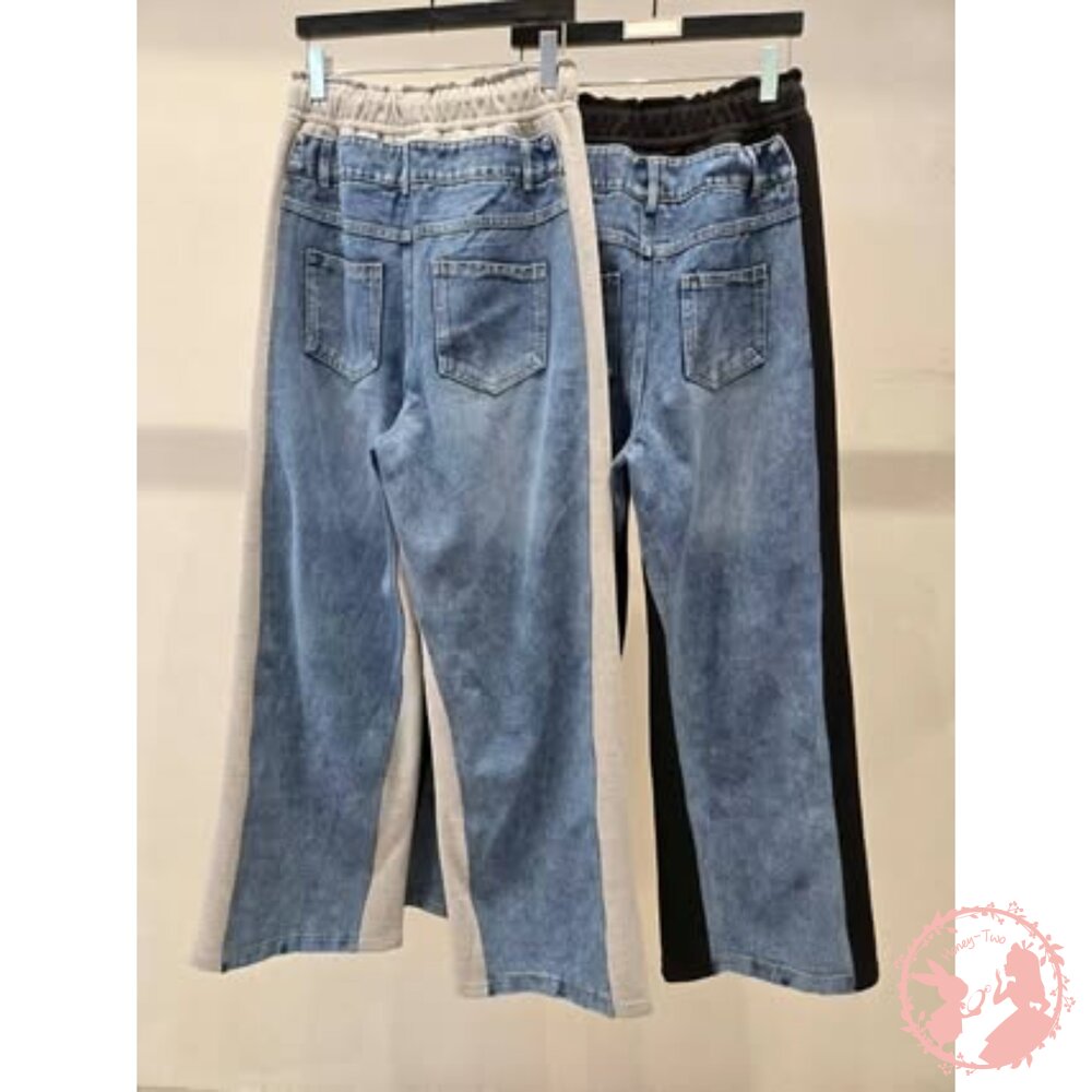 韓國新品 美式撞色拼接休閒牛仔寬鬆長褲-圖片-4
