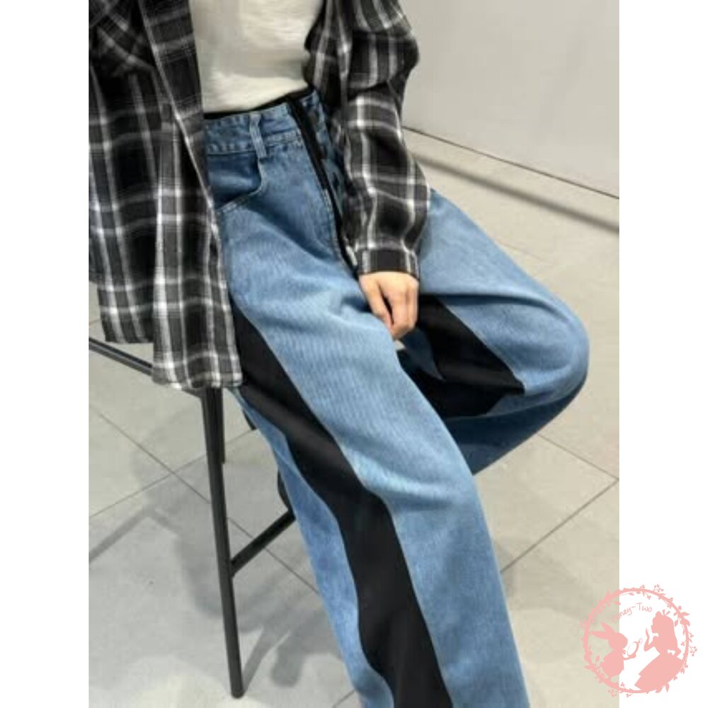 韓國新品 美式撞色拼接休閒牛仔寬鬆長褲-圖片-5