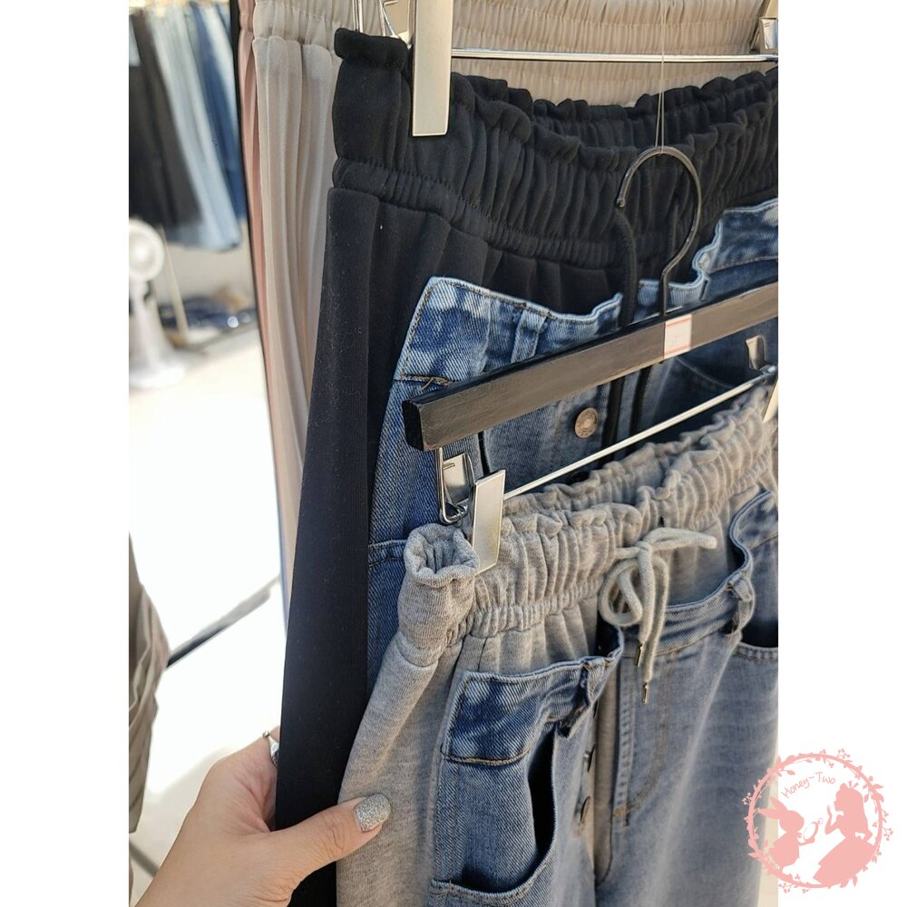 韓國新品 美式撞色拼接休閒牛仔寬鬆長褲-圖片-6