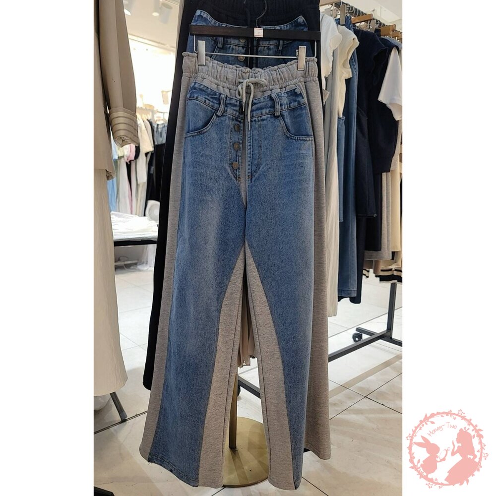 韓國新品 美式撞色拼接休閒牛仔寬鬆長褲-圖片-7